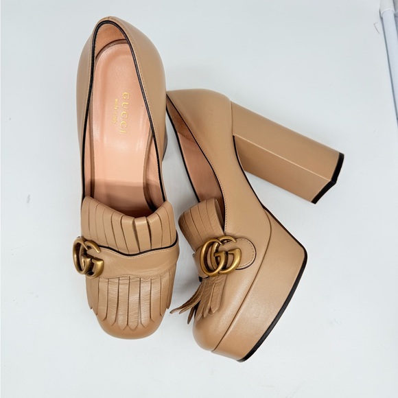 GucciTan/Mud Beige GG Marmont Fringe Platform Leather Loafers Pumps EU 38.5